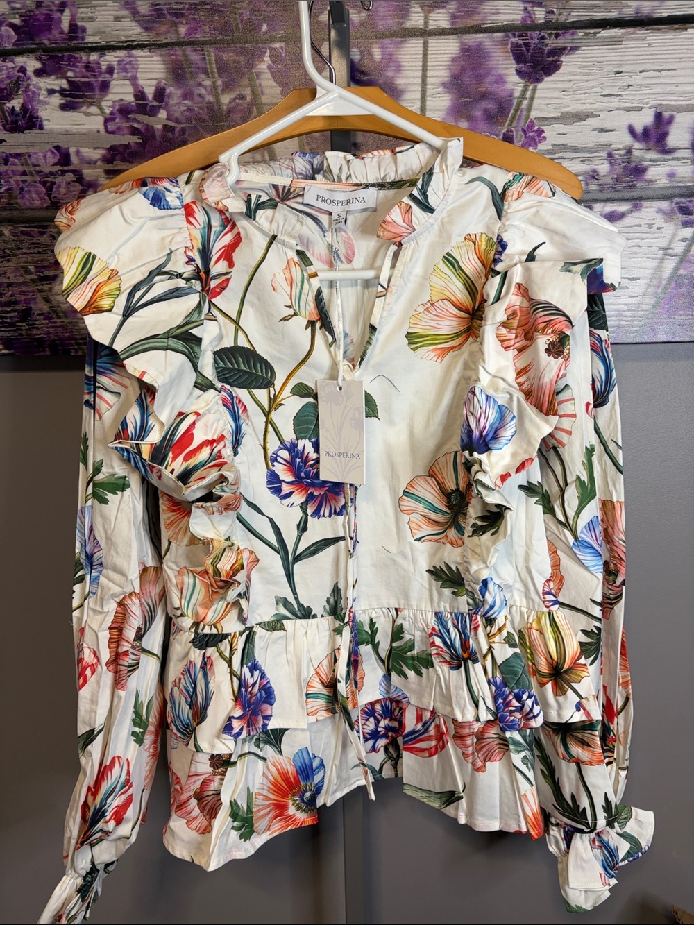 Women’s Prosperina White Multicolor Floral Ruffled Peplum Blouse NWT Size S